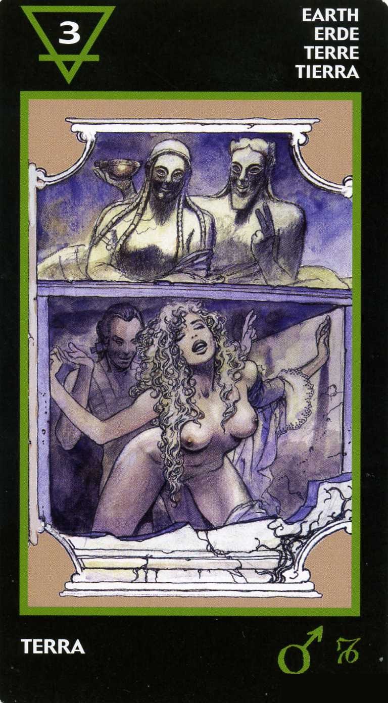 Three of Earth — Tarot card, Manara Erotic Tarot deck