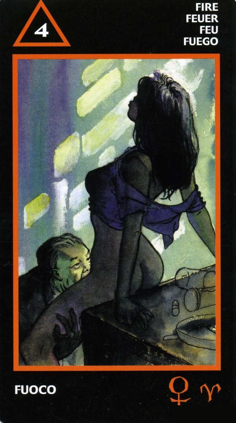 Four of Fire — Tarot card, Manara Erotic Tarot deck