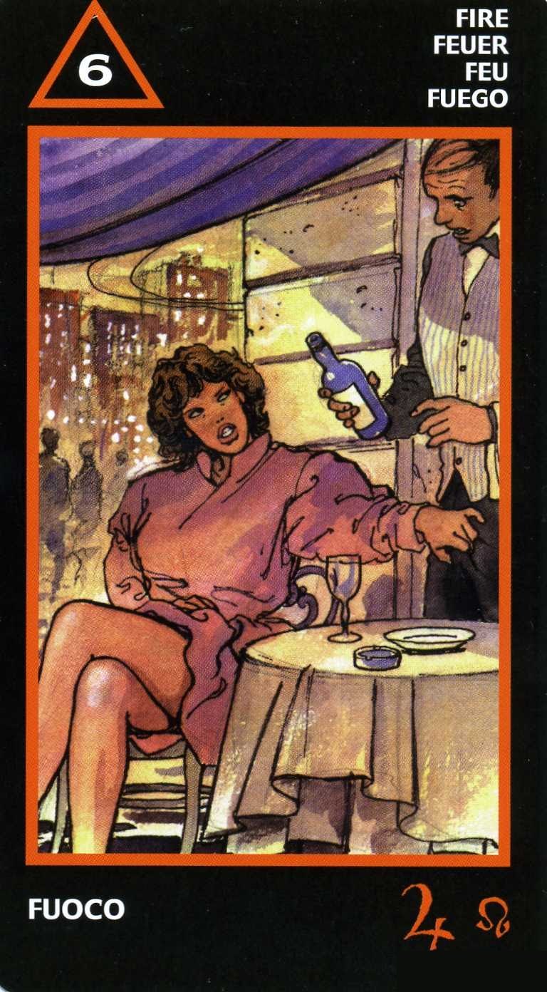 Six of Fire — Tarot card, Manara Erotic Tarot deck