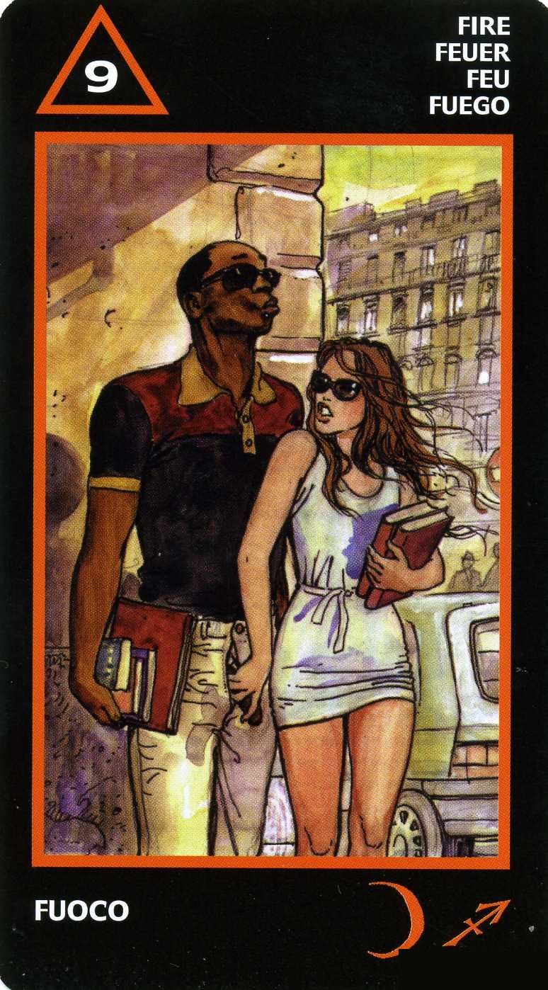 Nine of Fire — Tarot card, Manara Erotic Tarot deck